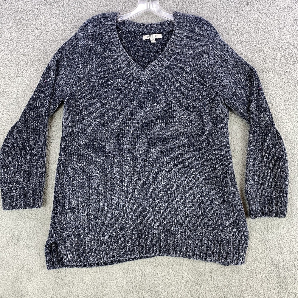 Orvis Chenille Sweater Women's Large V Neck Gray Knit Soft Long Sleeves